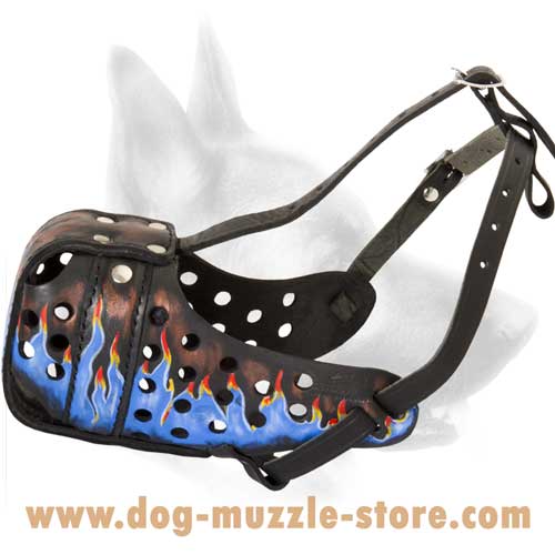 Agitation Training Leather Blue Flames Painted Dog Muzzle